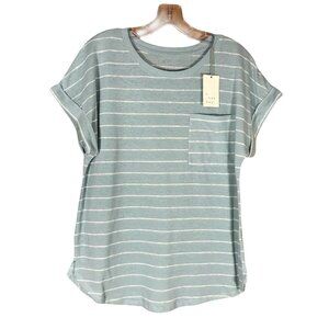 A New Day Womens Size XS Tee Shirt Short Sleeve Pocket Striped Blue White New